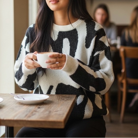 Black and White Crew Neck Sweater - Picture 4 of 13